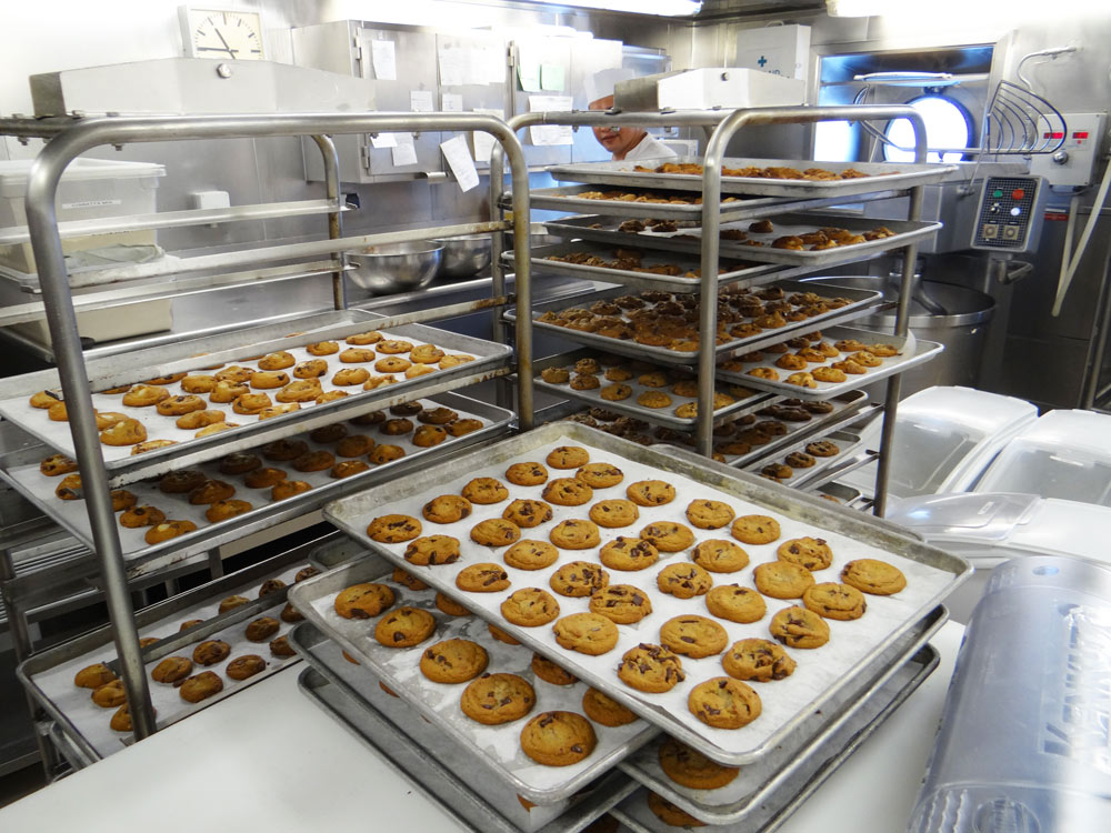 Cookies out of the oven in a cruise liner kitchen